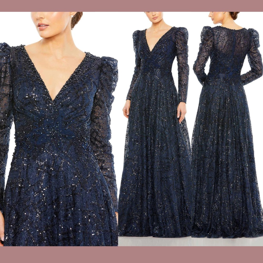 NWT Mac Duggal [ 20 ] 20353 Embellished V Neck Long Sleeve A‎ Line Gown J1848